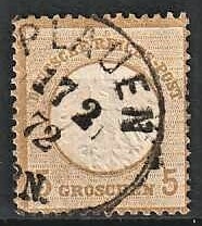 FRIMÆRKER TYSK RIGE: 1872 | AFA 06 | Ørn, lille brystskjold - 5 gr. gråbrun - Stemplet (Rimelig pæn kvalitet)